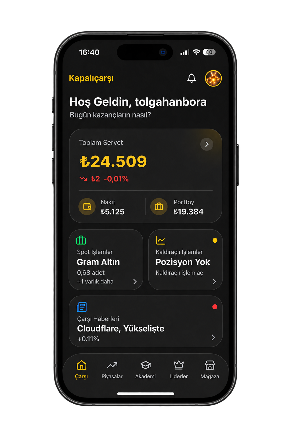 Kapalıçarşı uygulaması önizleme ekranı